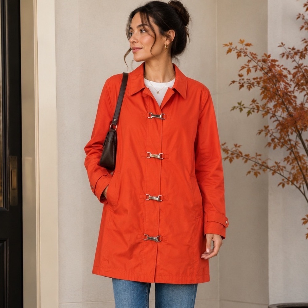 VTG 90s Liz Claiborne L Raincoat Metal Clasp Fireman Trench Jacket Orange Y2K